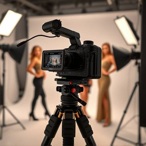 Câmera fotográfica profissional sendo utilizada em um estüdio de fotografia iluminado, com modelos posando ao fundo.