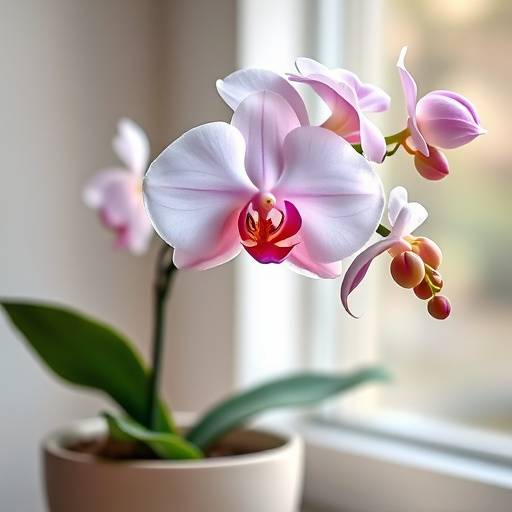 Foto de uma orquídea florida em um vaso de cerâmica.
