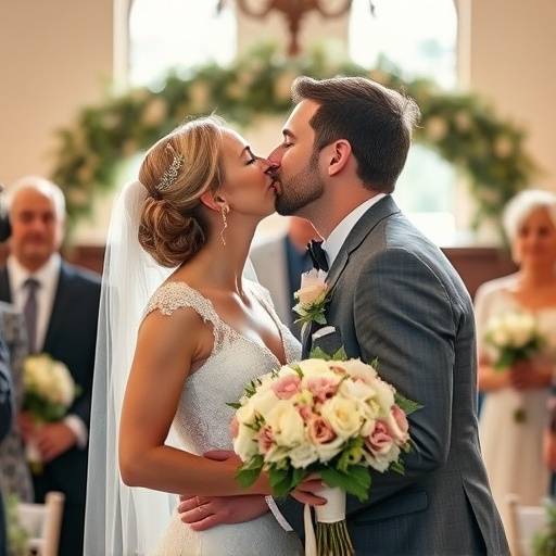 Fotografia de casamento mostrando um casal apaixonado se beijando durante a cerimônia.
