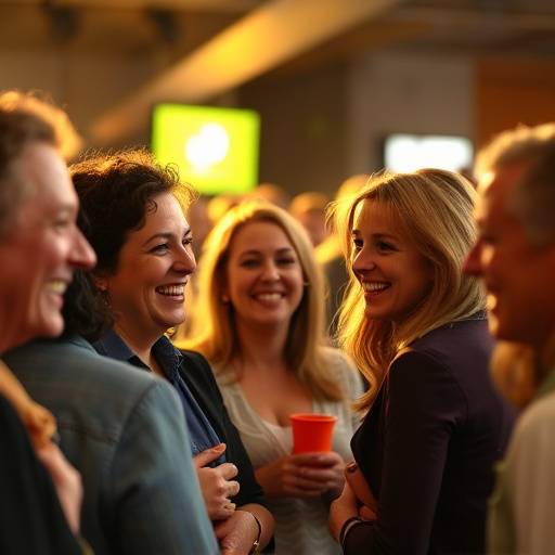 Fotografia de um evento mostrando pessoas sorrindo e interagindo.