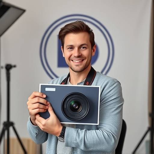 Fotógrafo do Estüdio Imagem Viva segurando um prêmio de fotografia, sorrindo em frente a um painel com o logo do estüdio.