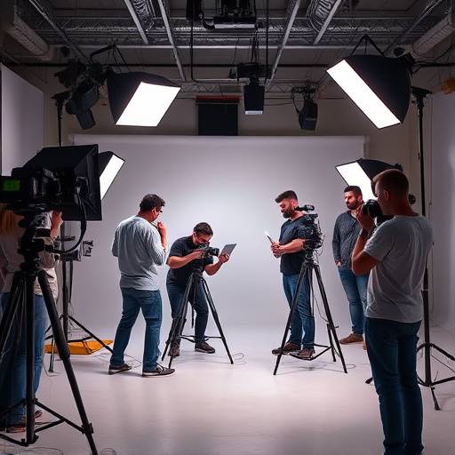 Membros da equipe colaborando e ajustando equipamentos durante uma sessão de fotos complexa em um estüdio profissional.