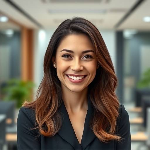 Retrato profissional de uma mulher sorrindo em um ambiente de escritório.
